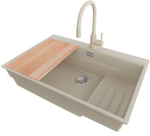 PRIMAGRAN Granitspüle ab 80er Unterschrank + Küchenarmatur, 78x53cm | Set: Küchenarmatur BW6020 + Ablauf-Set (Siphon, Ablaufgarnitur, Überlauf) + Spülbecken 1 Becken - Oslo Max Step, Beige