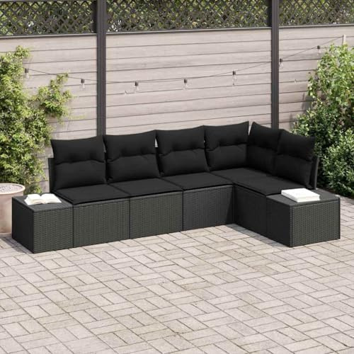 Tonture Garten-Sofa-Set mit Kissen, 5-teilig, Schwarz, Poly-Rattan, modular, wetterfest, UV-beständig, höhenverstellbarer Tisch für Terrasse, Balkon, Außenbereich, langlebiges Lounge-Möbel-Set