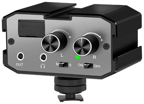Buhdjfnke 3.5mm Port Dual Channel DSLR Audio Adapter Mixer with Real-Time Monitoring Microphone Camera