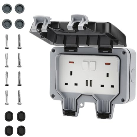 Double Outdoor Socket Waterproof with USB IP66 Outside Plug Socket Wall Socket with Neon Indicator for Garden Patio Garage