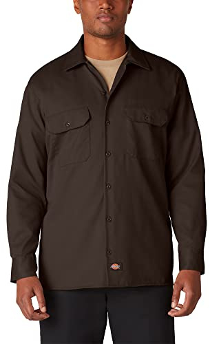 Dickies Men's Long Sleeve Plain Long Sleeve Workwear Shirt, Brown (Dark Brown), Medium