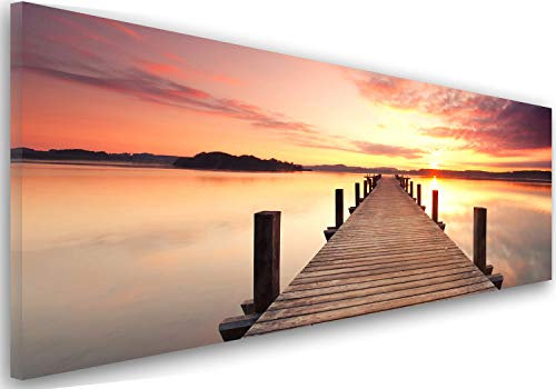 Feeby Bilder Steg Wasser Bretter 150x50 cm Wohnzimmer Schlafzimmer Büro Flur Küche Wandbilder Modern Bild auf Leinwand Wanddekoration Kunstdruck Design Ansicht Sonnenuntergang Violett Braun