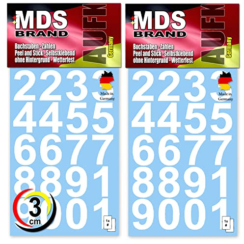 MDS Brand 3cm Zahlen Aufkleber Weiss | Selbstklebende Klebezahlen | Vinyl Hausnummern zum Aufkleben für Briefkasten, Mülltonnen, Hausnummer für Außen & Innen Peel (3cm, Weiss)