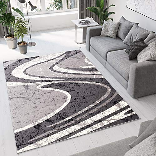 TAPISO Dream Teppich Wohnzimmer Kurzflor Modern Teppiche Grau Creme Wellen Streifen Meliert Esszimmer Schlafzimmer ÖKOTEX 250 x 300 cm