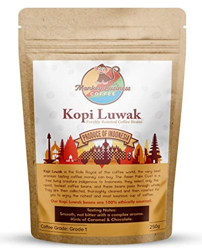 Monkey Business Coffee - Wild Kopi Luwak Coffee Whole Beans - Ethically Sourced - 250 Grams (Other Weights & Bean Types Available) - Produce of Indonesia
