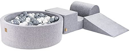 MEOWBABY Parco Giochi in Schiuma con Piscina di Palline 90x30cm/200 Palline per Bambini - Blocchi Morbidi, Velluto, Grigio Chiaro: Grigio/Bianco