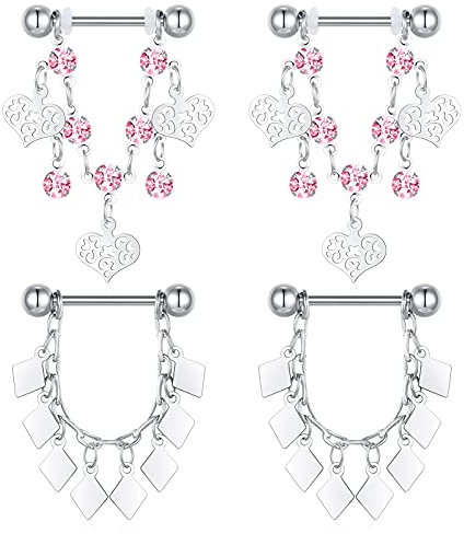 D.Bella 2 Paar Brustwarzenpiercing Nippelpiercing Chirurgenstahl 14G 16mm Piercing Brustwarze Nippel Ring Barbell mit Hohle Herzförmige Muschel Glocken CZ Kette