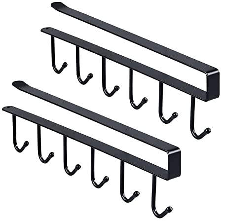 NCOALE Cup Holder Under Cabinet, 2 Pack Shelf Cup Mug Hanger Black Hook Coffee Cup Mug Holder, 6 Hooks Kitchen Under Cupboard Mug Holder, Towel Holder Cabinet Organizer for Kitchen Cupboard