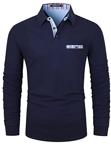 VMSUCIJ Poloshirt Herren Langarm Baumwolle Regular Slim Fit Plaid Denim Golf Polohemd M-3XL,Blau,3XL