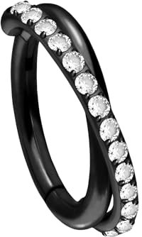 PIERCINGLINE Titan Segmentring Clicker 2 RINGE ÜBERKREUZT + KRISTALLE Ohrpiercing Tragus Helix Conch Daith 10 mm Schwarz