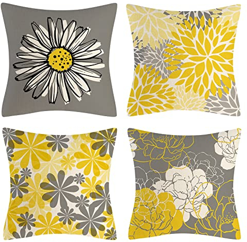 OCEUMACO Leinen Kissenbezug 50x50 Gänseblümchen Muster Kissenhülle 4er Set Quadratisch Dekokissen Sofakissen Bezug für Couch Kissen Kissenbezüge Deko Zierkissen Couchkissen Outdoor - Grau Gelb