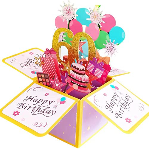 JinSu Geburtstagskarte zum 60. Geburtstag, Pop-Up-Karte zum 60. Geburtstag, 3D-Happy Birthday-Grußkarte mit Umschlag, Geburtstagskarte für Frauen