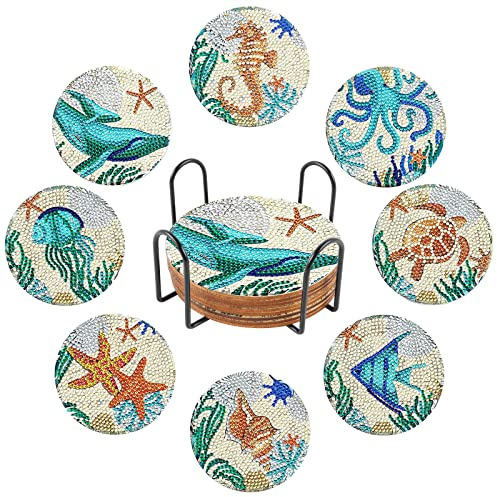 Taekooki 8 Stück Diamond Painting Untersetzer, mit Halter, 5D DIY Diamant Kunst und Handwerk Painting Untersetzer, DIY-Meer-Untersetzer, für Gläser Tassen Getränke Erwachsene Kinder Untersetzer