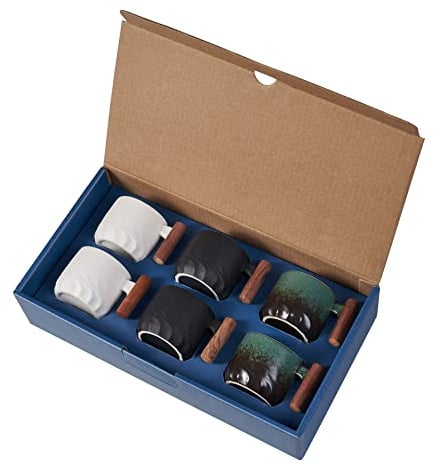 BlogBlog Ceramic Espresso Coffee Mugs, 89 ml, Porcelain, Wooden Handle, Pack of 6 (Black, Green and White)