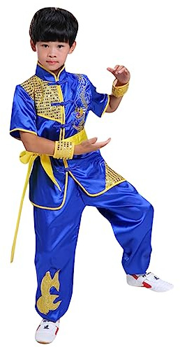 Boys Girls Kung Fu Master Tai Chi Dragon Chinese Uniform Top Shirt Pants Set Outfit (Blue, 7-8 Years)