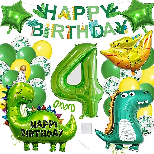 Dino Geburtstag Deko 4 Jahre, Geburtstagsdeko Jungen 4 Jahre, Dino Deko kindergeburtstag, Dino Luftballon für Dino Party Kindergeburtstag Deko 4 Jahre Junge