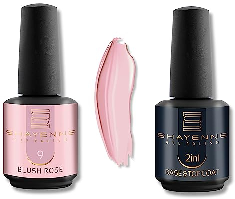 Shayenne UV Gel Nagellack 9 Blush Rose Rosa 15ml 2er Set UV LED Lampe + 2in1 Base Coat und Top Coat 15 ml (30 ml) Unterlack mit Überlack Nagel Lack Gellack Nagelgel Shellac