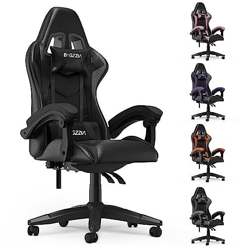bigzzia Silla Gaming,Silla Ergonómica de Oficina en Cuero PU,Regulable en Altura con Soporte Lumbar y Reposacabezas,Respaldo Reclinable 155°,Silla Gamer Adulto Niño(Negro)