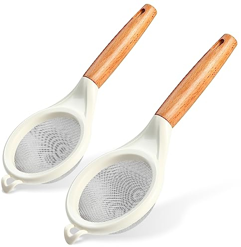 Strainers Fine Mesh - 2PCS Small 30 Mesh Fine Mesh kitchen Sieve Sifters with Wooden Handle,Stainless Steel Colanders Skimmer for Straining Flour,Quinoa,Tea, Juice,Sugar