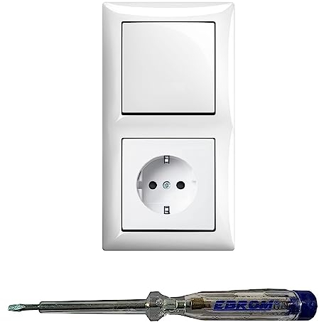 Busch Jäger Lichtschalter Wechselschalter AN/AUS 2000/6 US und Steckdose 20EUC-914 im 2-fach Rahmen in Balance Si alpinweiß glänzend inklusive EBROM Phasenprüfer zur Montage der Geräte