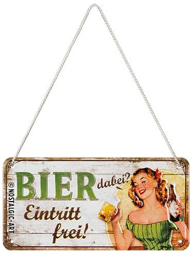 Nostalgic-Art Retro Hängeschild, 10 x 20 cm, Bier dabei – Eintritt frei – Geschenk-Idee als Bar-Zubehör, aus Metall, Vintage Design mit Spruch, Blechschilder Sprüche, Bier-Deko