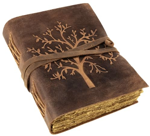 moonster Vintage Leder Notizbuch Baum des Lebens, 240 Seiten Holzfreies Baumwoll-Büttenpapier, Ledergebundenes Blanko Tagebuch, Handgefertigtes Vintage Notizbuch, Tagebuch Leder, Skizzenbuch 20x15cm