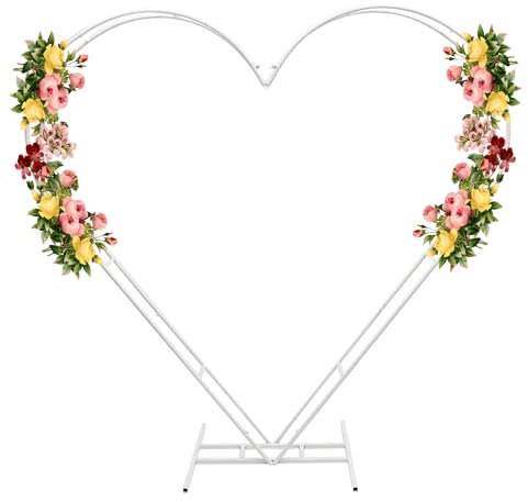 WedDecor Dual Heart Shaped Balloon Arch Stand Plants Vine Climbing Metal Frame with Floor Base For Wedding, Birthday, Parties Photo Background Decorations, 210cm x 200cm x 60cm, White