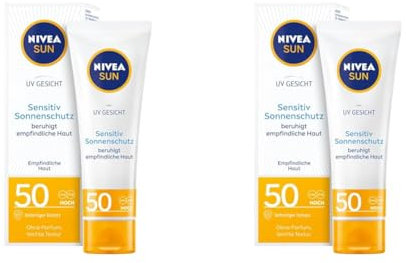 NIVEA SUN UV Gesicht Sensitiv Sonnencreme LSF 50+ (50 ml), Gesichtscreme mit LSF 50+ für empfindliche Haut, sofort wirksamer Sonnenschutz beruhigt Hautirritationen (Packung mit 2)
