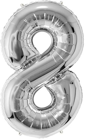 FUNFEST 100 cm silberne Luftballons zum 8. Geburtstag – Geburtstagsballon-Dekoration – inklusive XL-Ballon zum 8. Geburtstag und Strohhalm – Fliegen mit Helium