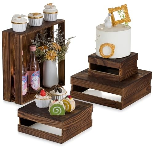 NUPTIO Gateau Support Bois Mariage: Ensemble de 4 Cupcake Présentoir Marron Piedestal Gâteau Bonbon Snacks Kuchen Presentoir Carré Cake Stand pour Anniversaire 16/21/26/31cm