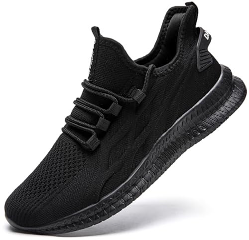 JUEQIBAA Mens Trainers Running Shoes Lightweight Walking Sneaker Fitness Gym Slip on Trainers Tennis Shoes Sports Jogging Trainers Black Size 10 UK(Label Size:45)