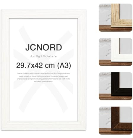 JCNORD Weißer MDF Holz Bilderrahmen A3 (29.7x42 cm) mit bruchsicherem Acrylglas | Moderner Fotorahmen für Wände und Tische