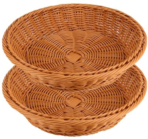 RT&BS 2 Pièces Poly Osier Corbeille a Pain, Panier garni de Noël, Réutilisable Tissé à la main Paniers de Rangement Ronde pour Légumes, Fruits, Snacks dans la Cuisine, restaurant (Marron, Petit)