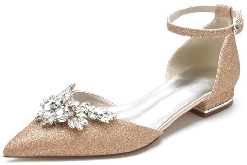 FGRID Chaussures plates de mariée à bout pointu pour femmes, escarpins de mariage à bout fermé avec strass brillants, sandales robe de bal à talons bas et bride à la cheville,D'or,43