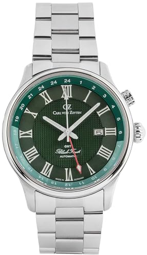 Carl von Zeyten Herrenuhr Original NEU Rench Herrenuhr Silber Grün Zweite Zeitzone Saphirglas Metallband Automatik 46mm- CVZ0087GRMS