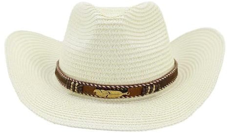 VIGSNTEP Chapeau De Paille Chapeau De Cowboy Occidental avec De La Ficelle pour Femmes Hommes Pliables De Protection Solaire D'Été De Protection De Paille De Paille avec Un Large Bord-Blanc Lait