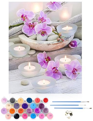 CEOVR Malen Nach Zahlen Erwachsene Kit,Blumen und Kerzen Mal Nach Zahlen für Erwachsene Anfänger,Orchideen Paint by Numbers Adult Set,Ohne Rahmen 40x50 cm DIY Painting by Numbers