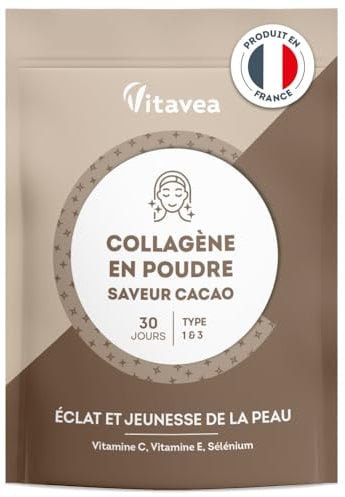 Colágeno Hidrolizado en Polvo Sabor Cacao – 5000mg de Colágeno Tipo 1&3 – Con Vitamina C, E y Selenio – Piel Radiante y Rejuvenecida – Vitavea