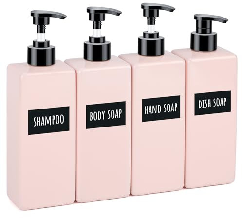 Segbeauty Seifenspender Küche, 4 Stück 500ml Duschgel Spender, Pumpspender Leere, Shampoo Spender für Dusche, Seifenspender Kunststoff mit Etiketten, Seifenspender Set (Rosa)