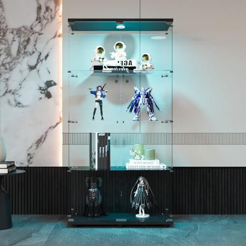 Vitrine en Verre, 4 étagères, 80*36*163cm, Armoire de Rangement en Verre Sur Pied, Vitrine LED, Double Porte, Vitrine pour Collection, pour Salon et Salle à Manger (Noir-LED, 2 Porte, 4 étages)
