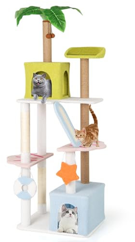 COSTWAY Cat Tree, 180cm Tall Cats Tower with Perch, 2 Condos, Ladder Board, Scratching Posts, Artificial Plant & Hanging Toys, Multi-level Beach-Themed Kitty Activity Center for Indoor Cats