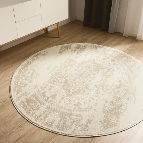 benuta Basic Teppich Suki - Creme/Beige 160 cm rund - Kunstfaser - rund & im Style: Vintage, Orient Style - Pflegeleicht für Wohnzimmer Schlafzimmer