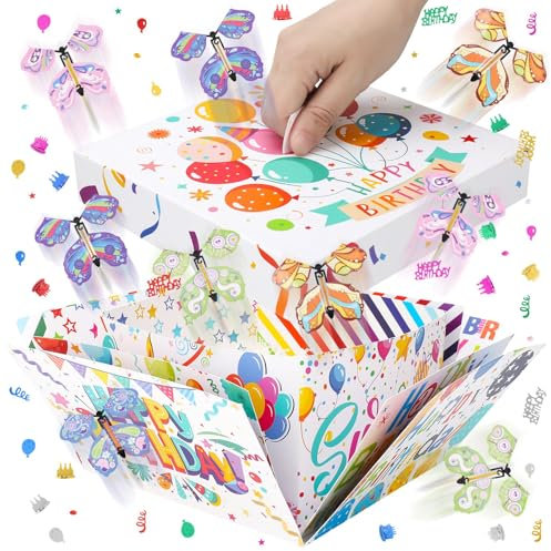 Halinuia Schmetterling Explosion Geschenkbox 20x19x12,5CM Explosionsbox mit 10 Fliegende Schmetterling Happy Birthday überraschungsbox Geburtstagsbox Surprisebox Geschenkverpackung für Familie Freunde