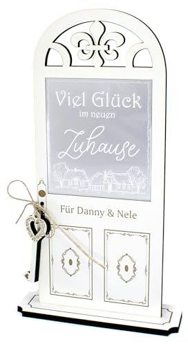 Dekolando Aufsteller Viel Glück im neuen Zuhause - personalisiert mit Name - Geschenk zum Einzug Haus Wohnung - Deko Schild Holz Acryl, Geldgeschenk Landhausstil 13x24 cm