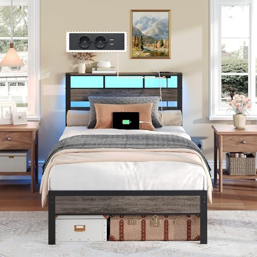 HOOBRO Bett 90 x 200 mit Lattenrost, Einzelbett mit Kopfteil, LED-Beleuchtung, Ladestation (2AC, 2USB-A), Bettgestell 90 x 200 cm, Metallbett für Schlafzimmer Gästezimmer, Anthrazit EBC77CDBF01