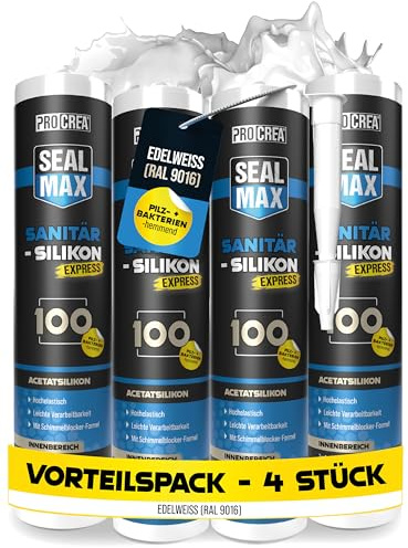 PROCREA® 4x Premium Sanitärsilikon 100 (edelweiß) [Schimmelresistent] Hochwertiges Sanitärsilikon zum abdichten für Fugen in Bad, Dusche & Küche uvm. - Silicon weiß - Profi-Qualität