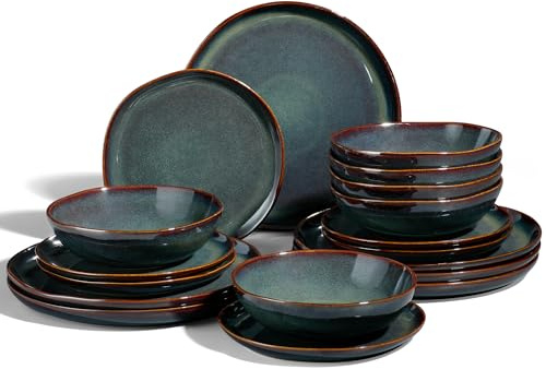Joyfair 18 Pieces Stoneware Dinner Set Service for 6, Blackish Green