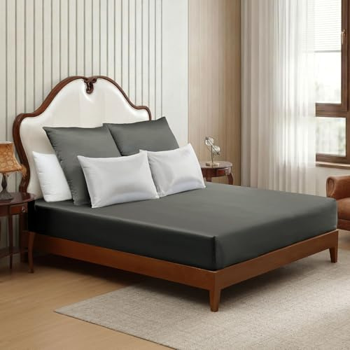 ClevaHome Satin Spannbettlaken Set 3 teilig, 160 x 200 cm,bis 28 cm, Silbergrau