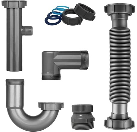 Universal 1-1/4 & 1-1/2 P Trap Drain Kit, Flexible PP U-Bend Plumbing Pipe for Bathroom Sink & Kitchen, Heat Resistant Drain Replacement with Extension Tube & Adapter