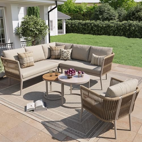 Kebnor Gartenlounge-Set für 5-6 Personen,Großes Outdoor Sofa Set, 6-teiliges PE-Rattan Sitzgruppe mit wasserfester Sitzbank und Kissenset, Modulares Ecksofa Set für Terrasse Balkon (Beige)
